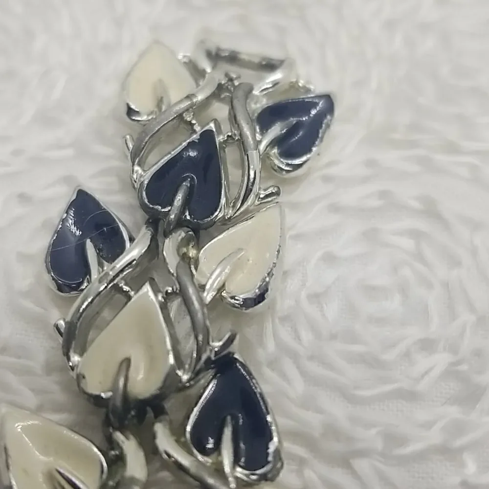 Coro Bracelet Leaf Black White Leaves Enamel Link Vintage Bracelet